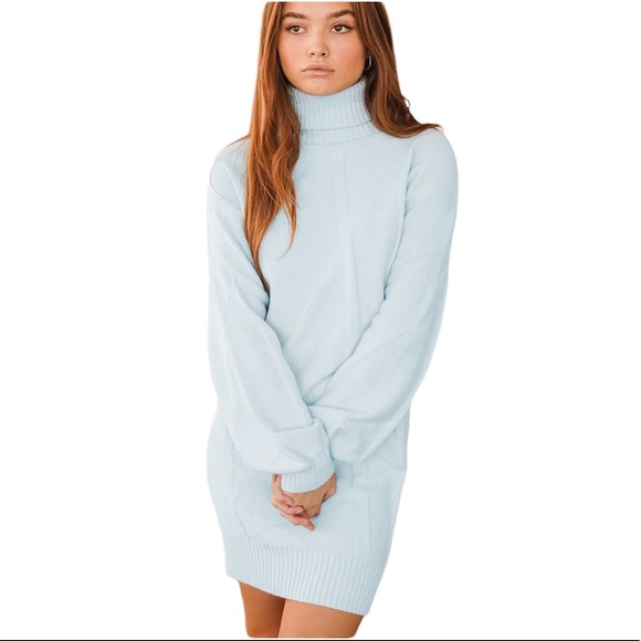 NWT LULU’S Love The Way Light Blue Turtleneck Sweater Dress Cozy Knit XS - Picture 2 of 10